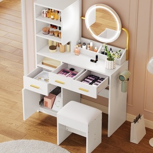 Masuta machiaj cu Oglinda LED si 3 Sertare pentru Cosmetice, Set Masa toaleta 80 cm, Alb, masuta cosmetica, vanity - SEA825 - Img 5