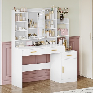 Masuta machiaj cu Oglinda LED si 3 Sertare pentru Cosmetice, Set Masa toaleta 130 cm, Alb, masuta cosmetica, vanity - SEA8 - Img 2
