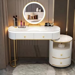 Masuta machiaj cu Oglinda LED si 4 Sertare pentru Cosmetice, Set Masa toaleta 100 cm, Alb, masuta cosmetica, vanity - SEA90 - Img 1