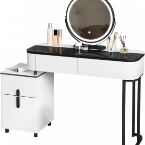 Masuta machiaj cu Oglinda LED si 4 Sertare pentru Cosmetice, Set Masa toaleta 100 cm, Alb, masuta cosmetica, vanity - SEA469 - Img 6