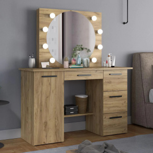 Masuta machiaj cu Oglinda LED si 4 Sertare pentru Cosmetice, Set Masa toaleta 120 cm, Stejar, masuta cosmetica, vanity - SEM514
