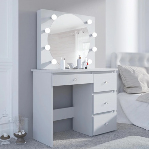 Masuta machiaj cu Oglinda LED si 4 Sertare pentru Cosmetice, Set Masa toaleta 94 cm, Alb, masuta cosmetica, vanity - SEA549