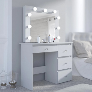 Masuta machiaj cu Oglinda LED si 4 Sertare pentru Cosmetice, Set Masa toaleta 94 cm, Alb, masuta cosmetica, vanity - SEA550