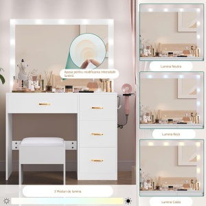 Masuta machiaj cu Oglinda LED si 4 Sertare pentru Cosmetice, Set Masa toaleta 90 cm, Alb, masuta cosmetica, vanity - SEA482 - Img 6