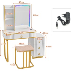 Masuta machiaj cu Oglinda LED si 4 Sertare pentru Cosmetice, Set Masa toaleta 80 cm, Alb, masuta cosmetica, vanity - SEA99 - Img 4