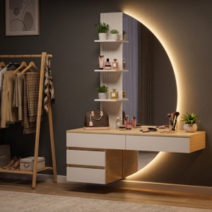 Masuta machiaj cu Oglinda LED si 4 Sertare pentru Cosmetice, Set Masa toaleta 106 cm, Alb - Maro, masuta cosmetica, vanity cu Riflaj si Rafturi - SEM247 - Img 11