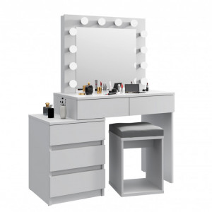 Masuta machiaj cu Oglinda LED si 5 Sertare pentru Cosmetice, Set Masa toaleta 112 cm, Alb, masuta cosmetica, vanity - SEA539 - Img 2