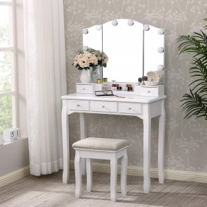 Masuta machiaj cu Oglinda LED si 5 Sertare pentru Cosmetice, Set Masa toaleta 80 cm, Alb, masuta cosmetica, vanity - SEA92 - Img 8