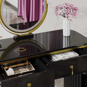 Masuta machiaj cu Oglinda LED si 5 Sertare pentru Cosmetice, Set Masa toaleta 100 cm, Negru, masuta cosmetica, vanity - SEN243 - Img 5