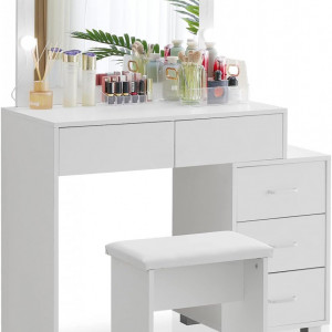 Masuta machiaj cu Oglinda LED si 5 Sertare pentru Cosmetice, Set Masa toaleta 80 cm, Alb, masuta cosmetica, vanity - SEA425 - Img 4