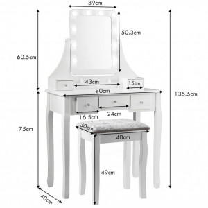 Masuta machiaj cu Oglinda LED si 5 Sertare pentru Cosmetice, Set Masa toaleta 80 cm, Alb, masuta cosmetica, vanity - SEA531 - Img 2