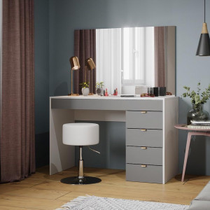 Masuta machiaj cu Oglinda LED si 5 Sertare pentru Cosmetice, Set Masa toaleta 115 cm, Alb, masuta cosmetica, vanity - SEA445 - Img 2