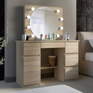 Masuta machiaj cu Oglinda LED si 5 Sertare pentru Cosmetice, Set Masa toaleta 120 cm, masuta cosmetica, vanity - SEM519 - Img 6