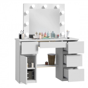 Masuta machiaj cu Oglinda LED si 5 Sertare pentru Cosmetice, Set Masa toaleta 120 cm, Alb, masuta cosmetica, vanity - SEA546 - Img 4