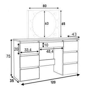 Masuta machiaj cu Oglinda LED si 5 Sertare pentru Cosmetice, Set Masa toaleta 120 cm, masuta cosmetica, vanity - SEM531 - Img 2