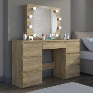 Masuta machiaj cu Oglinda LED si 5 Sertare pentru Cosmetice, Set Masa toaleta 120 cm, Stejar, masuta cosmetica, vanity - SEM532 - Img 6