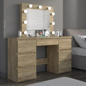 Masuta machiaj cu Oglinda LED si 5 Sertare pentru Cosmetice, Set Masa toaleta 120 cm, Stejar, masuta cosmetica, vanity - SEM534
