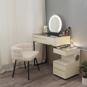 Masuta machiaj cu Oglinda LED si 5 Sertare pentru Cosmetice, Set Masa toaleta 80 cm, Alb, masuta cosmetica, vanity - SEA168 - Img 5