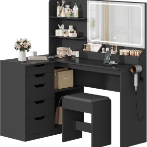 Masuta machiaj cu Oglinda LED si 5 Sertare pentru Cosmetice, Set Masa toaleta 120 cm, Negru, masuta cosmetica, vanity - SEN258 - Img 2