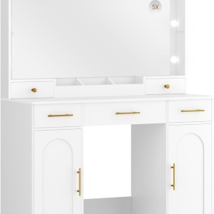 Masuta machiaj cu Oglinda LED si 5 Sertare pentru Cosmetice, Set Masa toaleta 108 cm, Alb, masuta cosmetica, vanity - SEA911 - Img 4