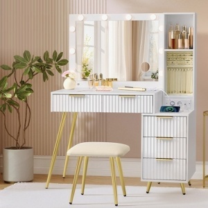 Masuta machiaj cu Oglinda LED si 5 Sertare pentru Cosmetice, Set Masa toaleta 110 cm, Alb, masuta cosmetica, vanity - SEA823 - Img 6