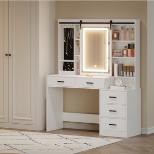 Masuta machiaj cu Oglinda LED si 5 Sertare pentru Cosmetice, Set Masa toaleta 120 cm, Alb, masuta cosmetica, vanity - SEA5 - Img 8