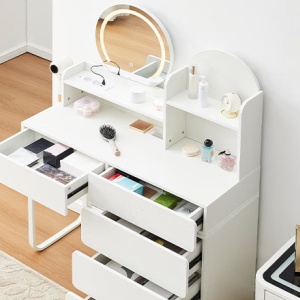 Masuta machiaj cu Oglinda LED si 5 Sertare pentru Cosmetice, Set Masa toaleta 105 - 130 cm, Alb, masuta cosmetica cu Prize si USB, Suport Uscator de Par - SEA25 - Img 11