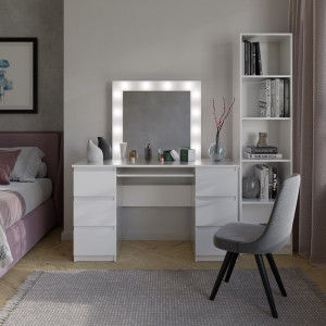 Masuta machiaj cu Oglinda LED si 6 Sertare pentru Cosmetice, Set Masa toaleta 130 cm, Alb, masuta cosmetica, vanity - SEA542 - Img 5