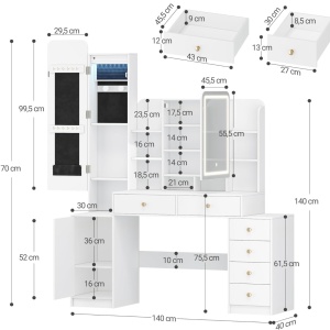 Masuta machiaj cu Oglinda LED si 6 Sertare pentru Cosmetice, Set Masa toaleta 140 cm, Alb, masuta cosmetica, vanity - SEA7 - Img 3