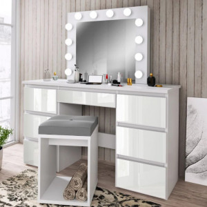 Masuta machiaj cu Oglinda LED si 7 Sertare pentru Cosmetice, Set Masa toaleta 120 cm, Alb, masuta cosmetica, vanity - SEA516 - Img 5