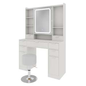 Masuta machiaj cu Oglinda LED si 7 Sertare pentru Cosmetice, Set Masa toaleta 105 cm, Alb, masuta cosmetica, vanity - SEA810 - Img 8