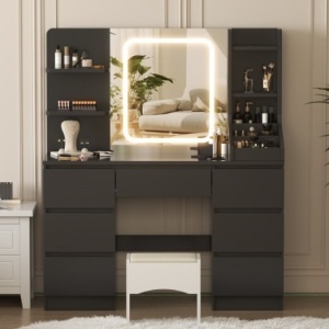Masuta machiaj cu Oglinda LED si 7 Sertare pentru Cosmetice, Set Masa toaleta 110 cm, Alb / Negru / Roz, masuta cosmetica, vanity - SEA820 - Img 4
