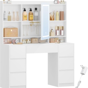 Masuta machiaj cu Oglinda LED si 7 Sertare pentru Cosmetice, Set Masa toaleta 108 cm, Alb, masuta cosmetica, vanity - SEA4 - Img 7