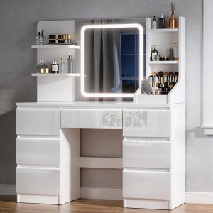 Masuta machiaj cu Oglinda LED si 7 Sertare pentru Cosmetice, Set Masa toaleta 110 cm, Alb / Negru / Roz / Alb Lucios / Alb cu Blat Maro, masuta cosmetica, vanity - SEA820