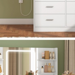 Masuta machiaj cu Oglinda LED si 8 Sertare pentru Cosmetice, Set Masa toaleta 167 cm, Alb, masuta cosmetica, vanity - SEA819 - Img 5