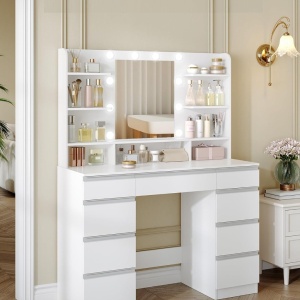 Masuta machiaj cu Oglinda LED si 9 Sertare pentru Cosmetice, Set Masa toaleta 109 cm, Alb, masuta cosmetica, vanity - SEA821 - Img 2