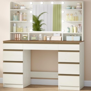 Masuta machiaj cu Oglinda LED si 9 Sertare pentru Cosmetice, Set Masa toaleta 109 cm, Alb, masuta cosmetica, vanity - SEA821 - Img 12
