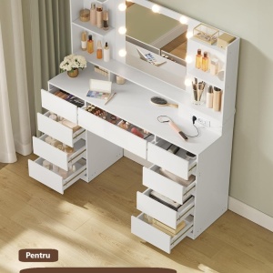 Masuta machiaj cu Oglinda LED si 9 Sertare pentru Cosmetice, Set Masa toaleta 107 cm, Alb, masuta cosmetica, vanity - SEA15 - Img 5