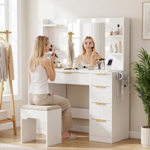 Masuta machiaj cu Oglinda LED si 9 Sertare pentru Cosmetice, Set Masa toaleta 108 cm, Alba sau Neagra cu Riflaj, masuta cosmetica cu Prize, USB, USB-C si Suport Uscator de Par, Suport Bijuterii vanity - SEA202 - Img 6