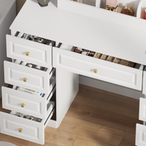 Masuta machiaj cu Oglinda LED si 9 Sertare pentru Cosmetice, Set Masa toaleta 107 cm, Alb, masuta cosmetica cu Priza, USB si USB-C, vanity - SEA205 - Img 9