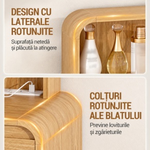 Masuta machiaj cu Oglinda LED si 9 Sertare pentru Cosmetice, Set Masa toaleta 108 cm, cu Priza si USB, masuta cosmetica Maro, vanity cu Rafturi - SEM1 - Img 8
