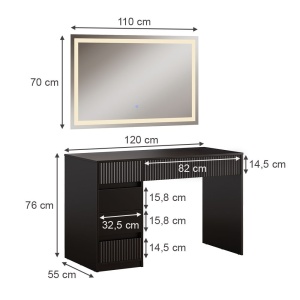 Masuta machiaj naegra cu Oglinda LED si 5 Sertare pentru Cosmetice, Set Masa toaleta 120 cm, masuta cosmetica cu Riflaj, vanity - SEN256 - Img 7