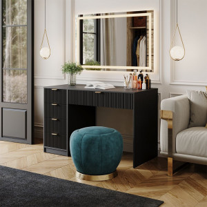 Masuta machiaj neagra cu Oglinda LED si 5 Sertare pentru Cosmetice, Set Masa toaleta 120 cm, masuta vanity cu Riflaj, cosmetica- SEN250