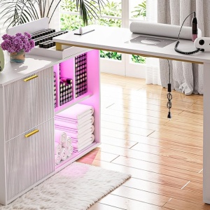 Masuta manichiura Alba / Neagra, 110 cm, birou cu LED si Riflaj, masa cosmetica pentru salon cu Aspirator Incorporat, Prize si USB MANIA211 - Img 12