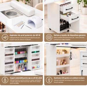 Masuta manichiura Alba / Roz / Neagra, 108 cm, birou cu LED, masa cosmetica pentru salon cu Aspirator Incorporat, Pernita si Rafturi deschise - MANIA216 - Img 6