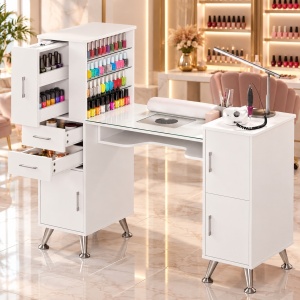 Masuta manichiura Alba / Roz / Neagra, 122 cm, birou cu Blat din Sticla, masa cosmetica pentru salon cu Aspirator Incorporat, Pernita si Vitrina din Sticla - MANIA214