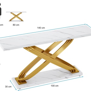 MAU37 - Masa Consola, 140 cm, masuta hol, living, dormitor - Auriu - Alb Imitatie de Marmura - Img 2