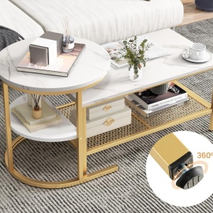 MCAU19 - Set 2 masute de cafea 80 cm si 52 cm, mese pentru living - Alb - Negru / Auriu - Img 4