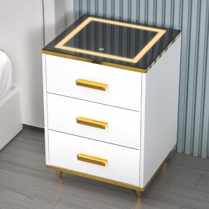 NOA226 - Noptiera alba 45 cm, cu 3 sertare, cu LED si USB pentru dormitor - Alb-Auriu - Img 5