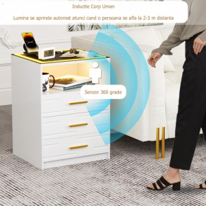 NOA236 - Set 2x Noptiere Alb Lucios, 45 cm, cu 3 sertare si raft, cu LED, USB, Incarcare Wireless, pentru dormitor - Alb-Auriu - Img 5